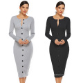 F009 Round collar open button long sleeve fashion sexy women's dress in long drawstring terylene slimming slim dress